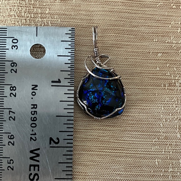 Handmade Glass Blue and Green Pendant Wrapped in Silver Wire - Picture 5 of 8